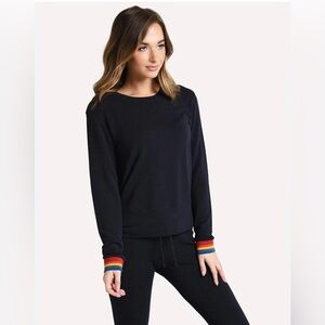Monrow Navy Crewneck Sweater with‎ Rainbow Cuffs Size Small